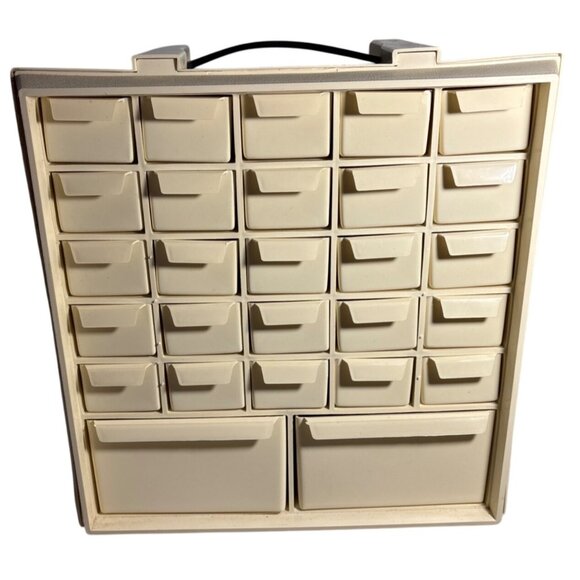 Vtg 24 Drawer Plastic Storage Organizer 2 Large Bottom Drawers Beige Multi Use - Picture 1 of 14